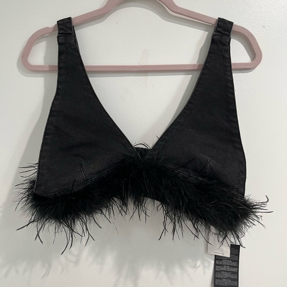Forever 21 Black Denim Bralette with Feather‎ Trim Sz. M NWT - Picture 3 of 7